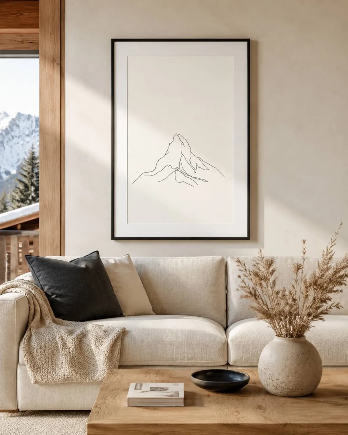 Affiche Cervin encadrée dans un intérieur de chalet contemporain